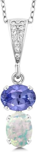 Gem Stone King 925 Sterling Silver Blue Tanzanite and White Simulated Opal Pendant Necklace For Women (2.28 Cttw, Gemstone December Birthstone, Oval 8x6MM, with 18 Inch Chain) in Saudi Arabia