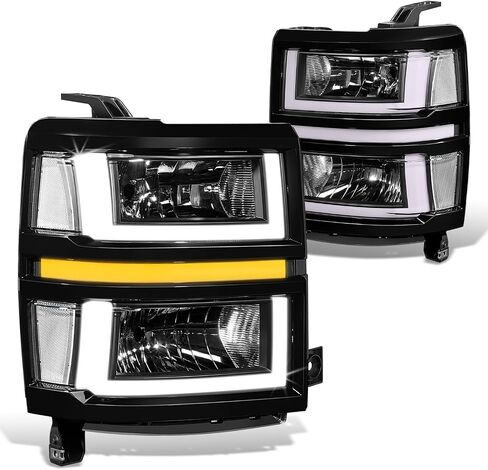 DNA Motoring LED DRL Strip Projector المصابيح الأمامية المتوافقة مع 14-15 Chevy Silverado 1500 ، اليسار+اليمين ، Chrome/Amber ، HL-HPL-CSIL14-CH-AM in Saudi Arabia