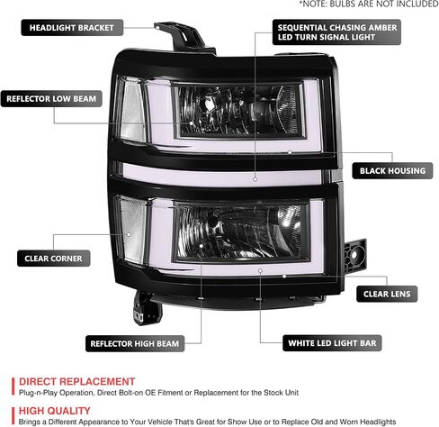 DNA Motoring LED DRL Strip Projector المصابيح الأمامية المتوافقة مع 14-15 Chevy Silverado 1500 ، اليسار+اليمين ، Chrome/Amber ، HL-HPL-CSIL14-CH-AM in Saudi Arabia