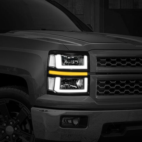 DNA Motoring LED DRL Strip Projector المصابيح الأمامية المتوافقة مع 14-15 Chevy Silverado 1500 ، اليسار+اليمين ، Chrome/Amber ، HL-HPL-CSIL14-CH-AM in Saudi Arabia