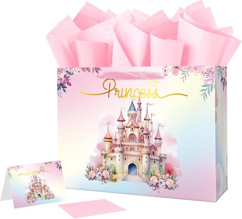 Ranfashiong 13 "Pink Castle حقيبة هدايا عيد ميلاد كبيرة مع ورق منسجة لصالح الجنسين تكشف الحفلات لصالح استحمام الطفل ， فتاة (أميرة) in Kuwait
