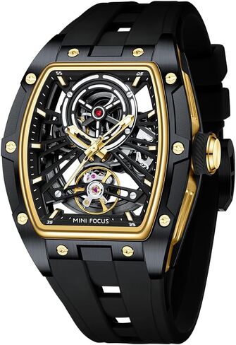 MF Mini Focus Fecys Men Watches ، Watch Automatic Mechanical Watch ، Tonneau الفاخرة المجوفة للرجال مع علبة من الفولاذ المقاوم للصدأ وفرقة السيليكون (حركة الرياح الذاتية/5ATM مقاومة للماء/Super_luminous) in Kuwait
