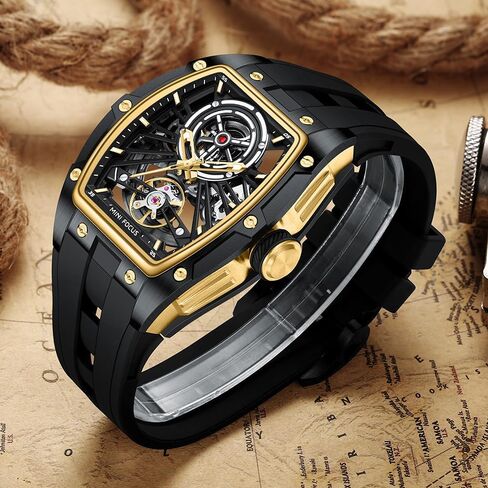 MF Mini Focus Fecys Men Watches ، Watch Automatic Mechanical Watch ، Tonneau الفاخرة المجوفة للرجال مع علبة من الفولاذ المقاوم للصدأ وفرقة السيليكون (حركة الرياح الذاتية/5ATM مقاومة للماء/Super_luminous) in Kuwait
