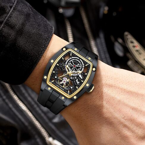 MF Mini Focus Fecys Men Watches ، Watch Automatic Mechanical Watch ، Tonneau الفاخرة المجوفة للرجال مع علبة من الفولاذ المقاوم للصدأ وفرقة السيليكون (حركة الرياح الذاتية/5ATM مقاومة للماء/Super_luminous) in Kuwait