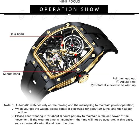 MF Mini Focus Fecys Men Watches ، Watch Automatic Mechanical Watch ، Tonneau الفاخرة المجوفة للرجال مع علبة من الفولاذ المقاوم للصدأ وفرقة السيليكون (حركة الرياح الذاتية/5ATM مقاومة للماء/Super_luminous) in Kuwait