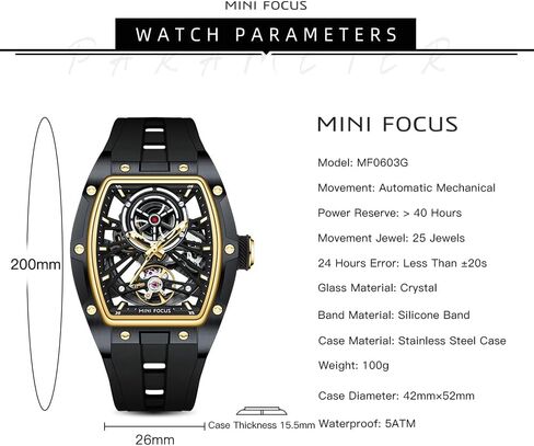 MF Mini Focus Fecys Men Watches ، Watch Automatic Mechanical Watch ، Tonneau الفاخرة المجوفة للرجال مع علبة من الفولاذ المقاوم للصدأ وفرقة السيليكون (حركة الرياح الذاتية/5ATM مقاومة للماء/Super_luminous) in Kuwait