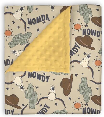 Mink Baby Boy Blanket Boho Western Howdy Cowboy Hat, Wild West Desert Cactus Sun Cow Soft Plush Double Layer Dotted Backing Receiving Swaddle, Newborn Infant Toddler Nursery Crib Bedding 30x40 in Kuwait