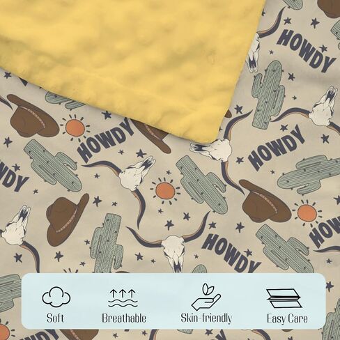Mink Baby Boy Blanket Boho Western Howdy Cowboy Hat, Wild West Desert Cactus Sun Cow Soft Plush Double Layer Dotted Backing Receiving Swaddle, Newborn Infant Toddler Nursery Crib Bedding 30x40 in Kuwait