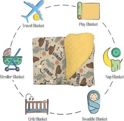 Mink Baby Boy Blanket Boho Western Howdy Cowboy Hat, Wild West Desert Cactus Sun Cow Soft Plush Double Layer Dotted Backing Receiving Swaddle, Newborn Infant Toddler Nursery Crib Bedding 30x40 in Kuwait