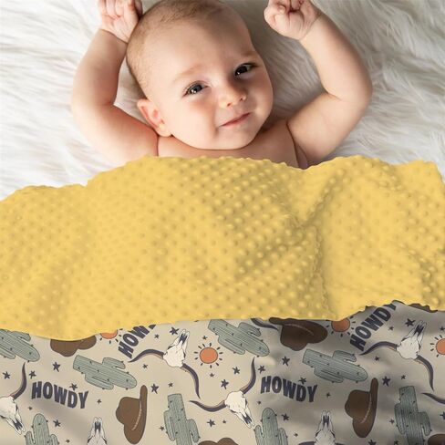 Mink Baby Boy Blanket Boho Western Howdy Cowboy Hat, Wild West Desert Cactus Sun Cow Soft Plush Double Layer Dotted Backing Receiving Swaddle, Newborn Infant Toddler Nursery Crib Bedding 30x40 in Kuwait