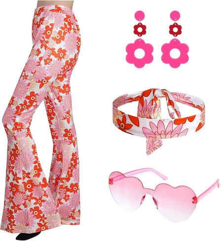 hoyuwak 5PCS 60s 70s Outfit Hippie Costume Set for Women Flared Pants Heart Glasses Floral Earrings Headband for Halloween Carnival Disco Party in Saudi Arabia