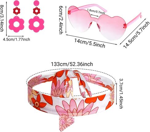 hoyuwak 5PCS 60s 70s Outfit Hippie Costume Set for Women Flared Pants Heart Glasses Floral Earrings Headband for Halloween Carnival Disco Party in Saudi Arabia