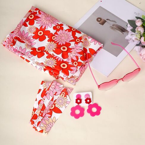 hoyuwak 5PCS 60s 70s Outfit Hippie Costume Set for Women Flared Pants Heart Glasses Floral Earrings Headband for Halloween Carnival Disco Party in Saudi Arabia