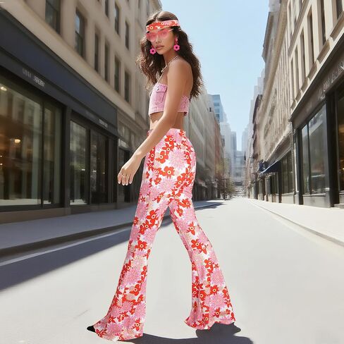 hoyuwak 5PCS 60s 70s Outfit Hippie Costume Set for Women Flared Pants Heart Glasses Floral Earrings Headband for Halloween Carnival Disco Party in Saudi Arabia