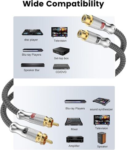 Emk rca y Splitter 12ft/4m- ثنائي الاتجاه 1 ذكر إلى 2 من الذكور مضخم الصوت/كابل الصوت RCA Coxial [التدريع المزدوج] للمسرح المنزلي ، مستقبل AV ، مكبر للصوت- الفضة in Kuwait