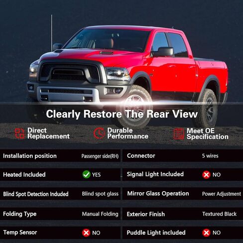 Marretoo for Dodge Ram Side Mirror replacement Left Driver for 2014-2018,Ram 1500, 2019-20221500 Classic, 2013-2018 RAM 2500 Accessories With Power Glass Heated Sensors Black6 8462819AA(6Pins) in Saudi Arabia