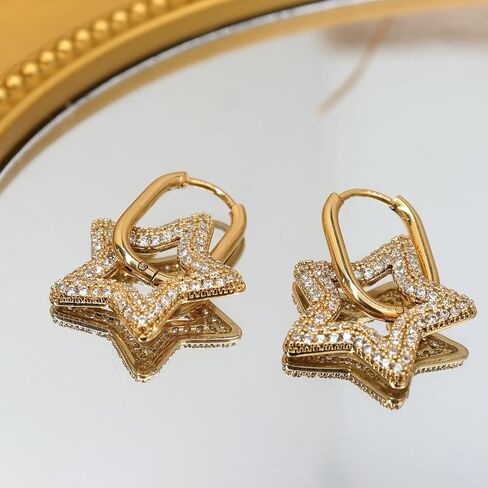 Sonateomber Chunky Gold Dangle Drop Hoop Earrings for Women, Trendy Statement Star Circle Rhinestone Huggie Earing Prom Jewelry Gift in Saudi Arabia