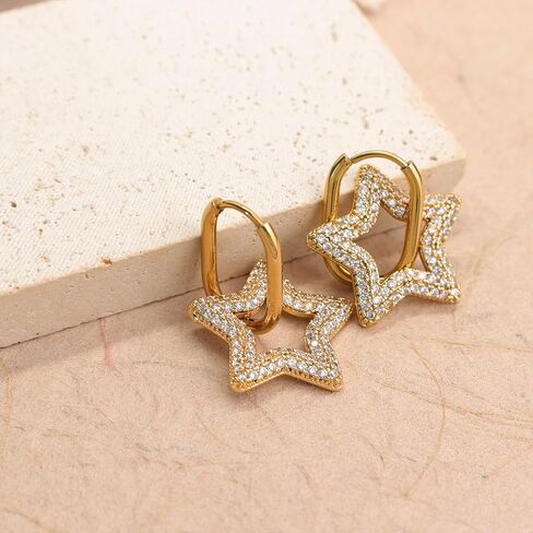 Sonateomber Chunky Gold Dangle Drop Hoop Earrings for Women, Trendy Statement Star Circle Rhinestone Huggie Earing Prom Jewelry Gift in Saudi Arabia