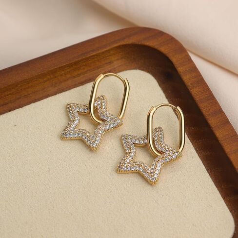 Sonateomber Chunky Gold Dangle Drop Hoop Earrings for Women, Trendy Statement Star Circle Rhinestone Huggie Earing Prom Jewelry Gift in Saudi Arabia