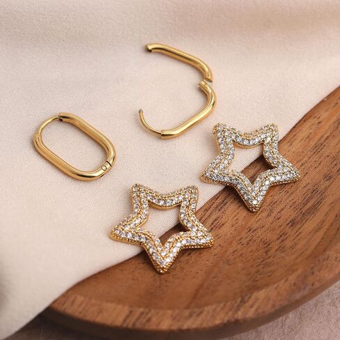 Sonateomber Chunky Gold Dangle Drop Hoop Earrings for Women, Trendy Statement Star Circle Rhinestone Huggie Earing Prom Jewelry Gift in Saudi Arabia