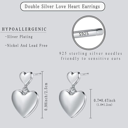 925 Sterling Silver Heart Orains for Women ، S925 Sterling Silver Posts Posts ، Dangle Love Heart Fashion Early Modewallergenic Jewelry (مع صندوق الهدايا) in Kuwait