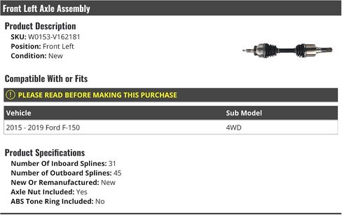 Front Left Driver Side Axle Assembly - Compatible with 2015-2019 Ford F150 4WD in Saudi Arabia