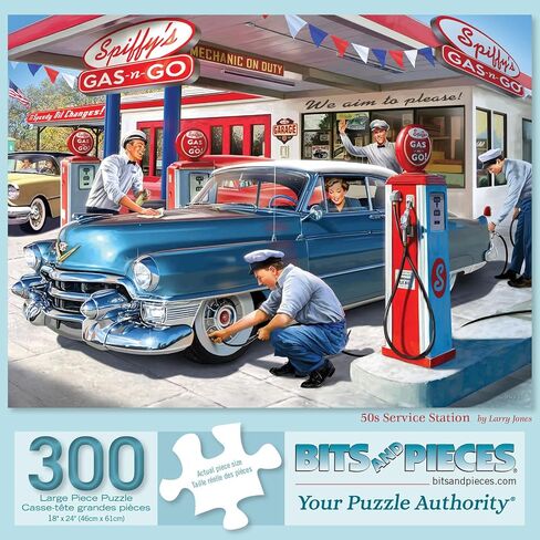 Bits and Pieces – 500 Piece Jigsaw Puzzle for Adults – 50s Service Station - Classic Cars Gas Station Jigsaw Puzzle by Larry Jones, Completed Puzzle Size: 18" x 24" in Saudi Arabia