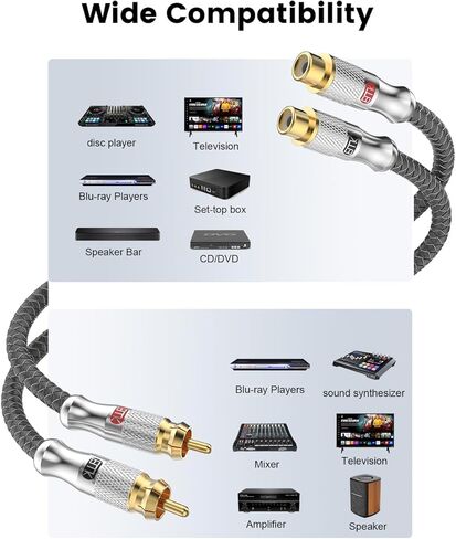 EMK 12Ft/4M RCA Cable - Shielded Braided 2Male-to-2Male Audio Cable for Home Theater & Hi-Fi Systems - Silver RCA Audio Stereo Subwoofer Cable in Kuwait