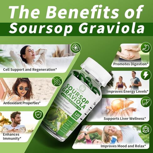 Soursop Graviola Capsules with Kelp, for Cell Regeneration, Enhances Immunity, Digestive Support, Anti-oxidant* Properties, Gluten Free, Vegan, 120 Counts in Kuwait