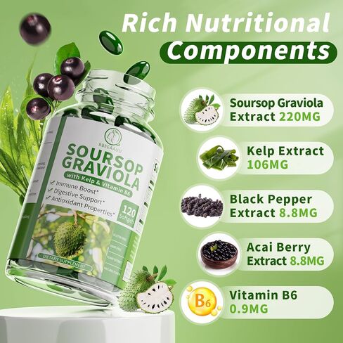 Soursop Graviola Capsules with Kelp, for Cell Regeneration, Enhances Immunity, Digestive Support, Anti-oxidant* Properties, Gluten Free, Vegan, 120 Counts in Kuwait