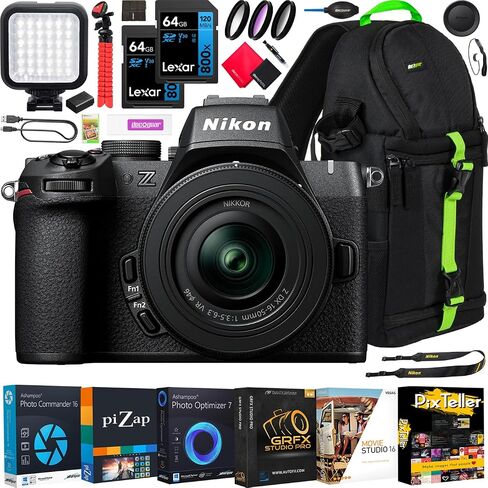 Nikon Z50II Mirrorless Camera 4K DX Body 1784 Bundle with Deco Gear Photography Backpack +LED + Pack of 2 64GB Memory Cards + Software & Accessories Kit in Kuwait