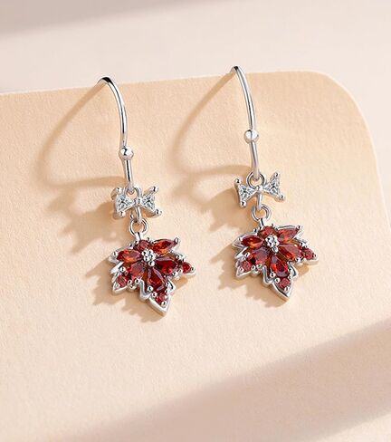 Maple Leaf Earrings S999 Sterling Silver, Sparkly Hypoallergenic Ziron Leaves Stud Dangle Drop, Orange Red Autumn Earring Jewelry for Thanksgiving Birthday Xmas Darling in Saudi Arabia