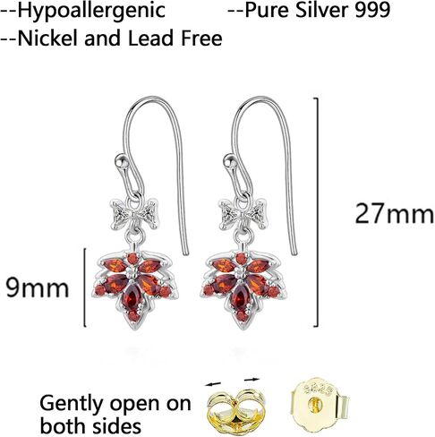 Maple Leaf Earrings S999 Sterling Silver, Sparkly Hypoallergenic Ziron Leaves Stud Dangle Drop, Orange Red Autumn Earring Jewelry for Thanksgiving Birthday Xmas Darling in Saudi Arabia