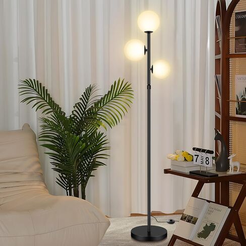 3-Globe Mid Century Modern Floor Lamps for Living Room, Adjustable Height Standing Lamp with Marble Base, Gold Tall Lamp with Frosted Glass Shades, Pole Lamps for Bedroom, Bulbs Included in Saudi Arabia