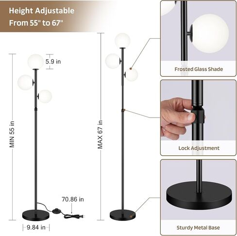 3-Globe Mid Century Modern Floor Lamps for Living Room, Adjustable Height Standing Lamp with Marble Base, Gold Tall Lamp with Frosted Glass Shades, Pole Lamps for Bedroom, Bulbs Included in Saudi Arabia