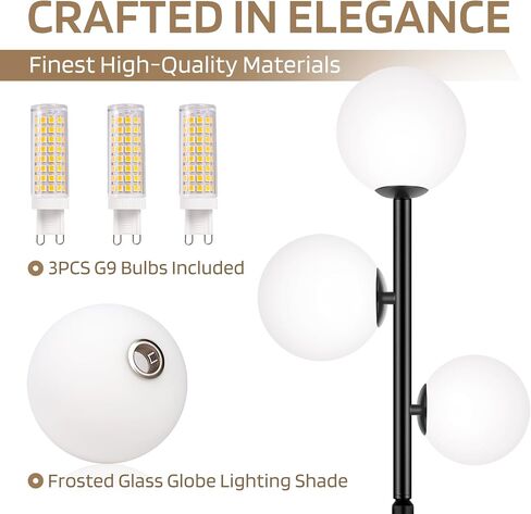3-Globe Mid Century Modern Floor Lamps for Living Room, Adjustable Height Standing Lamp with Marble Base, Gold Tall Lamp with Frosted Glass Shades, Pole Lamps for Bedroom, Bulbs Included in Saudi Arabia