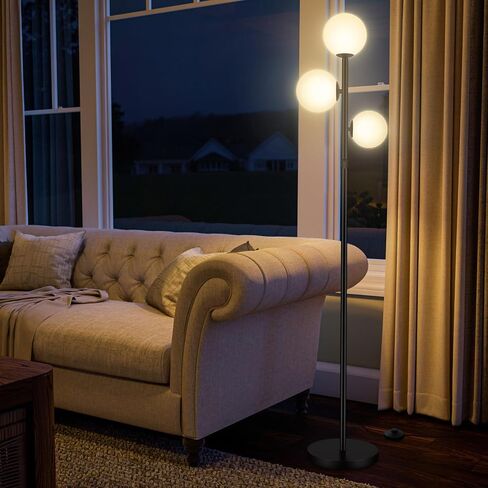 3-Globe Mid Century Modern Floor Lamps for Living Room, Adjustable Height Standing Lamp with Marble Base, Gold Tall Lamp with Frosted Glass Shades, Pole Lamps for Bedroom, Bulbs Included in Saudi Arabia
