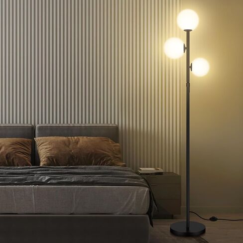 3-Globe Mid Century Modern Floor Lamps for Living Room, Adjustable Height Standing Lamp with Marble Base, Gold Tall Lamp with Frosted Glass Shades, Pole Lamps for Bedroom, Bulbs Included in Saudi Arabia