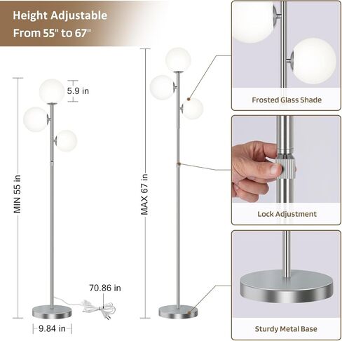 3-Globe Mid Century Modern Floor Lamps for Living Room, Adjustable Height Standing Lamp with Marble Base, Gold Tall Lamp with Frosted Glass Shades, Pole Lamps for Bedroom, Bulbs Included in Saudi Arabia