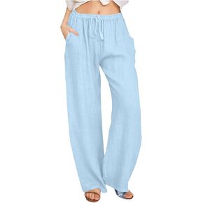 Womens Linen Pants Casual Loose Wide Leg Pants High Elastic Waist Drawstring Flowy Palazzo Pants Summer Beach Pants in Saudi Arabia