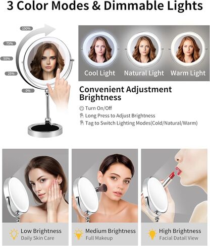 9 "مرآة مكياج مضاءة ، مرآة الغرور المكبرة 1 ×/10x مع ارتفاع ومرآة مكياج قابلة للتعديل ، قابلة لإعادة الشحن ، 360 درجة مئوية مرآة دافئة على الوجهين (النيكل الساتان) in Saudi Arabia