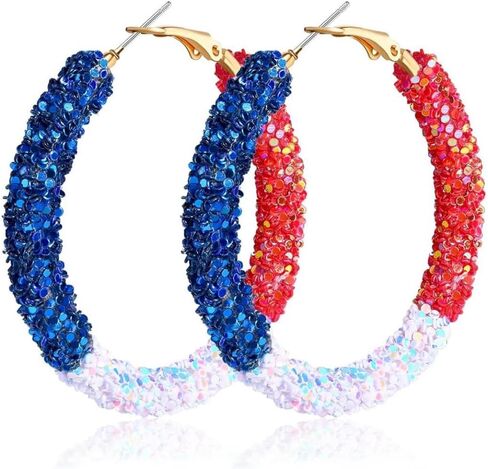Glitter Independence Day Hoop Earrings for Women 4th of July Red White Blue American Flag Star Circle Earrings Patriotic Festive Fashion Charm Holiday Jewelry in Saudi Arabia