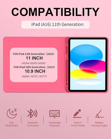 for iPad (A16) 11th/10th Generation Case with Keyboard 11/10.9 inch (2025/2022), Detachable Wireless Bluetooth iPad Keyboard Case Thin & Light with Built-in Pencil Holder, Pink in Kuwait
