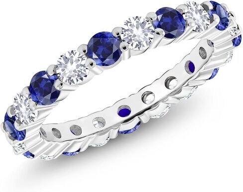 Gem Stone King 1.40 Cttw Round Blue Created Sapphire Eternity Band Ring for Women | 925 Sterling Silver | Gemstone Birthstone | Round 3MM | Available In Size 5, 6, 7, 8, 9 in Saudi Arabia