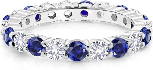 Gem Stone King 1.40 Cttw Round Blue Created Sapphire Eternity Band Ring for Women | 925 Sterling Silver | Gemstone Birthstone | Round 3MM | Available In Size 5, 6, 7, 8, 9 in Saudi Arabia