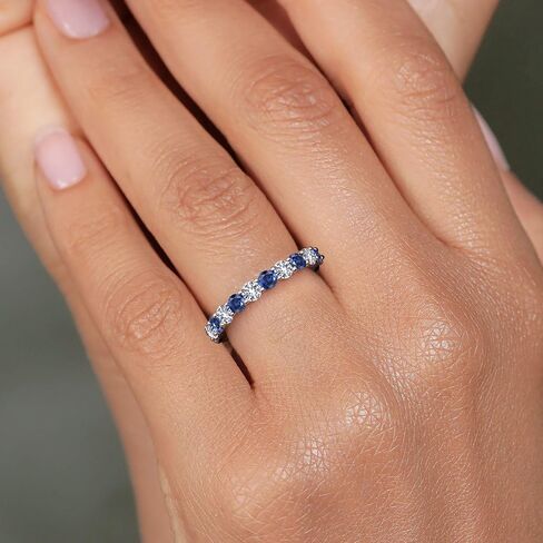 Gem Stone King 1.40 Cttw Round Blue Created Sapphire Eternity Band Ring for Women | 925 Sterling Silver | Gemstone Birthstone | Round 3MM | Available In Size 5, 6, 7, 8, 9 in Saudi Arabia