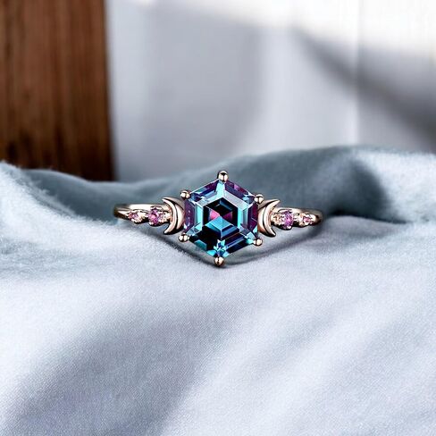 Alexandrite Engagement Ring for Women - Hexagon Cut Alexandrite with Amethyst Accents - Rose Gold Plated Celestial Moon & Star Ring - Vintage Handmade Jewelry Gift for Anniversary, Birthday, Wedding in Saudi Arabia