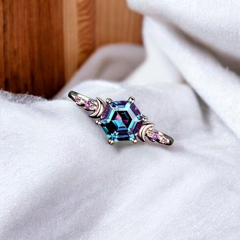 Alexandrite Engagement Ring for Women - Hexagon Cut Alexandrite with Amethyst Accents - Rose Gold Plated Celestial Moon & Star Ring - Vintage Handmade Jewelry Gift for Anniversary, Birthday, Wedding in Saudi Arabia