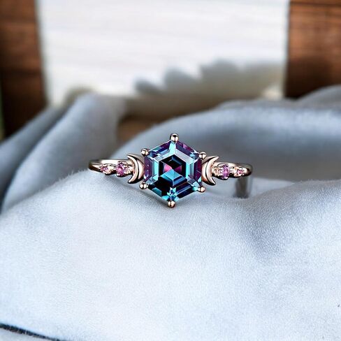 Alexandrite Engagement Ring for Women - Hexagon Cut Alexandrite with Amethyst Accents - Rose Gold Plated Celestial Moon & Star Ring - Vintage Handmade Jewelry Gift for Anniversary, Birthday, Wedding in Saudi Arabia