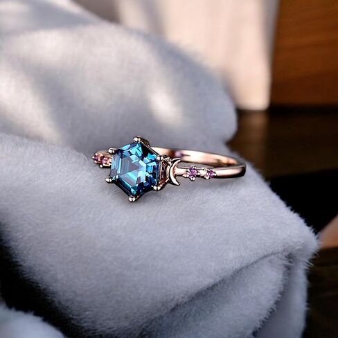 Alexandrite Engagement Ring for Women - Hexagon Cut Alexandrite with Amethyst Accents - Rose Gold Plated Celestial Moon & Star Ring - Vintage Handmade Jewelry Gift for Anniversary, Birthday, Wedding in Saudi Arabia
